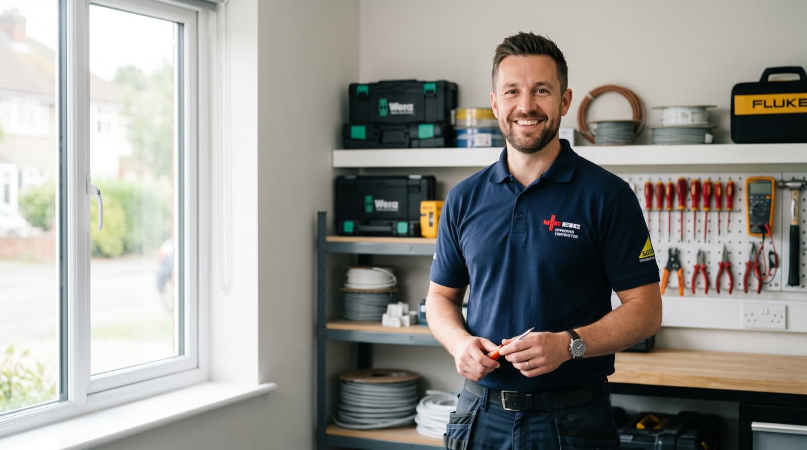 A UK tradesperson in a tidy workshop