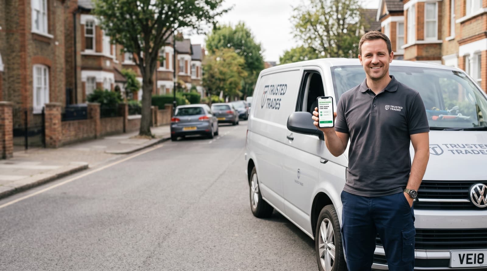 A UK tradesperson by their van, booking a job on their phone