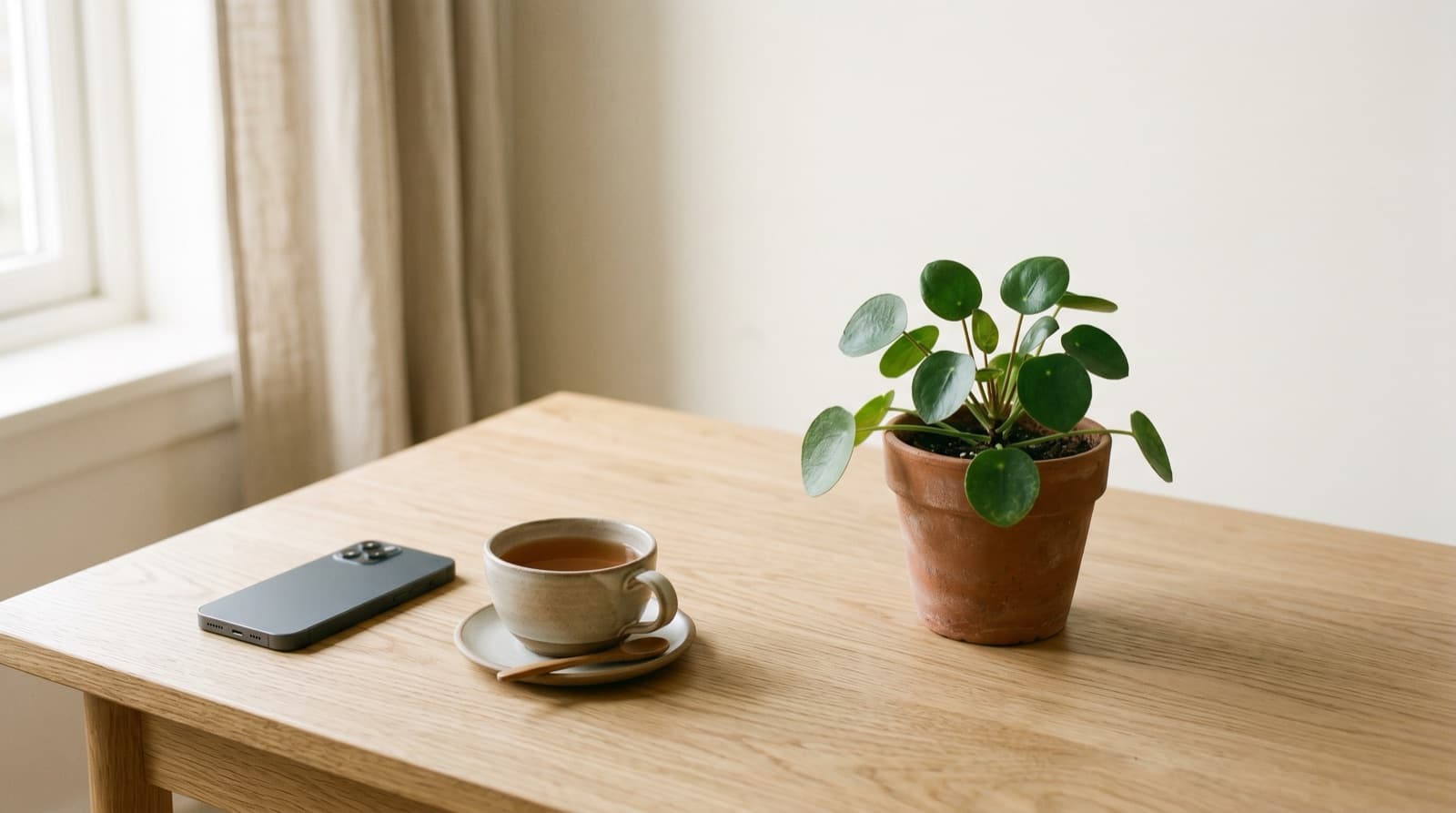 A phone and a cup of tea on a tidy desk
