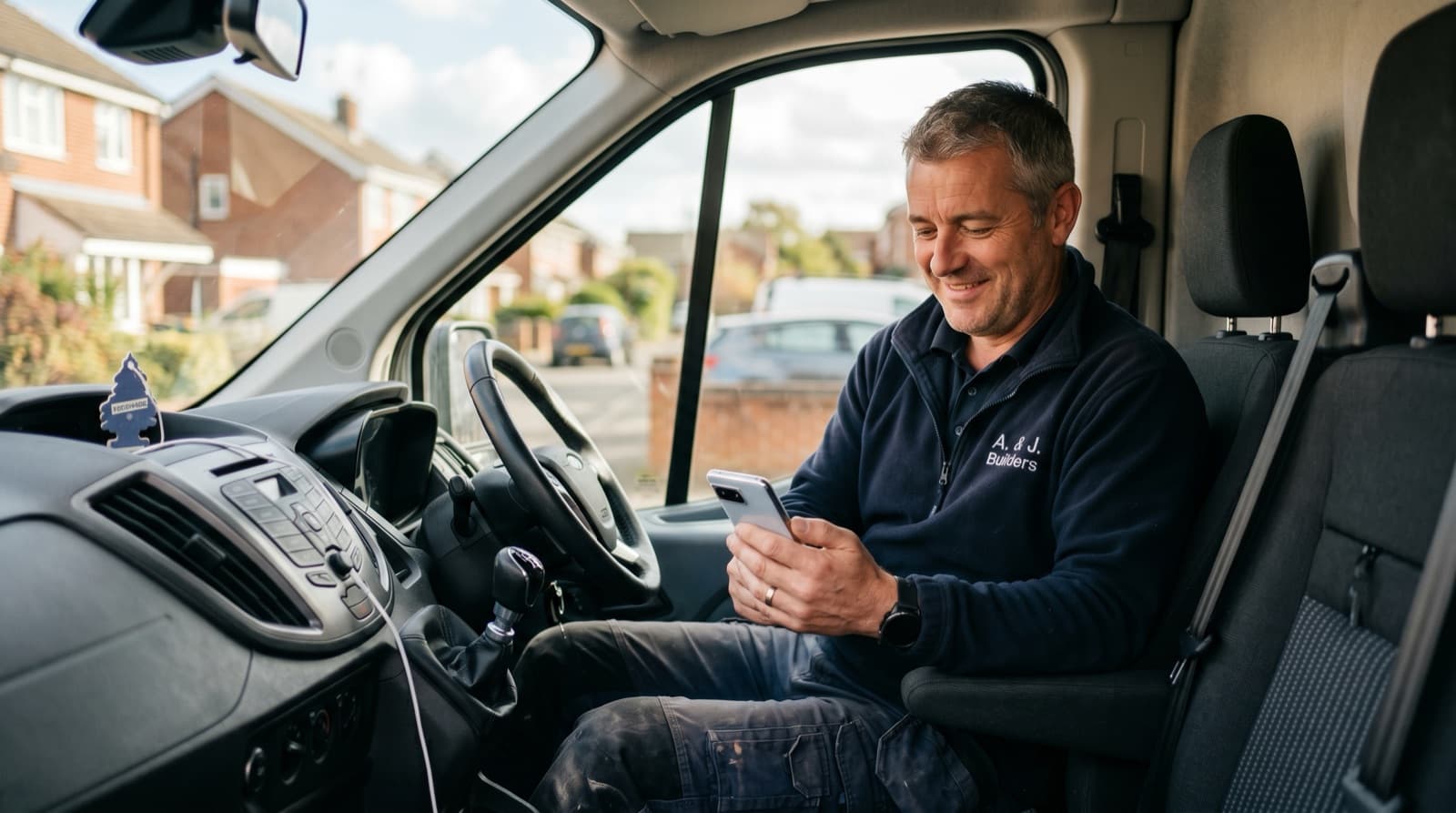 A tradesperson checking their phone in their van